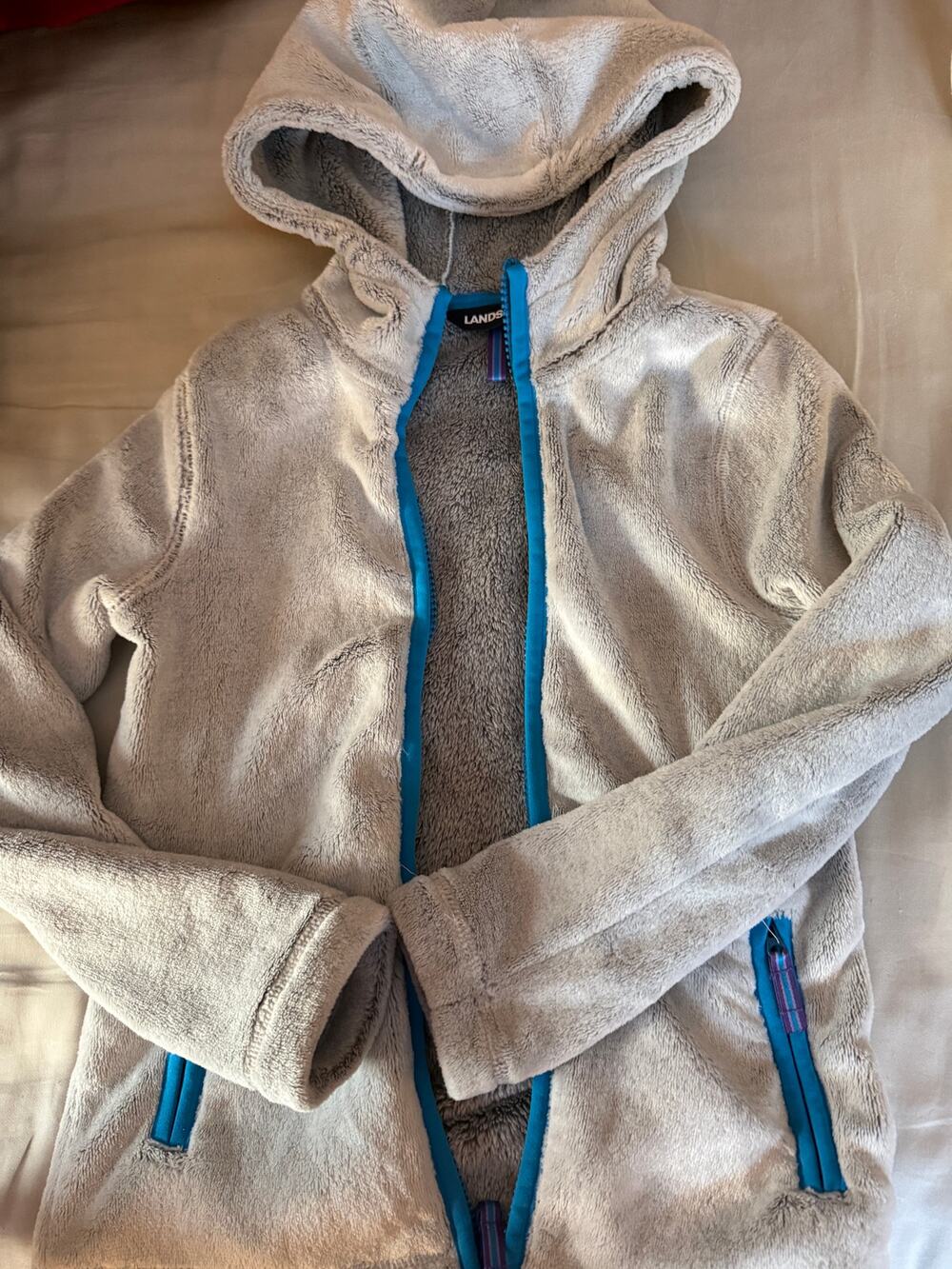 Lands End grey Cozy Fleece with hood size 7- 8